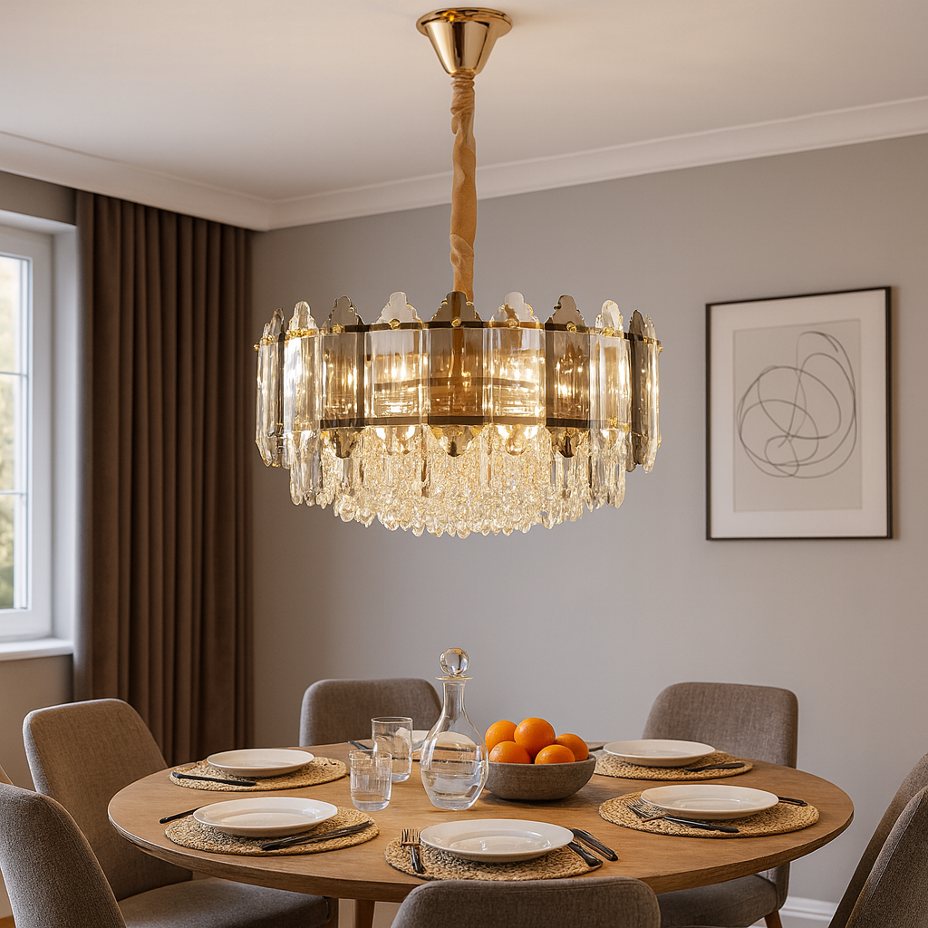 Candelabru rotund cu 9 becuri, adaugand lumina calda si rafinament unei zone de dining spatioase si primitoare.