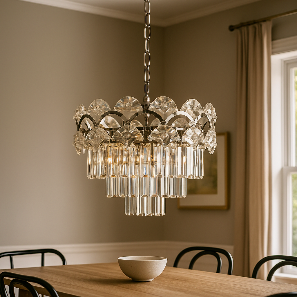 Candelabru rotund crom cu 8 becuri E27 deasupra mesei in dining elegant, diametru 400 mm, iluminare ampla si decor rafinat