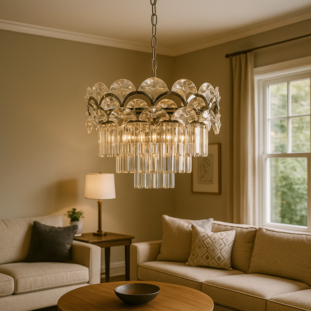 Candelabru rotund crom cu 8 becuri E27 in living elegant, diametru 400 mm, lumina puternica si design clasic rafinat