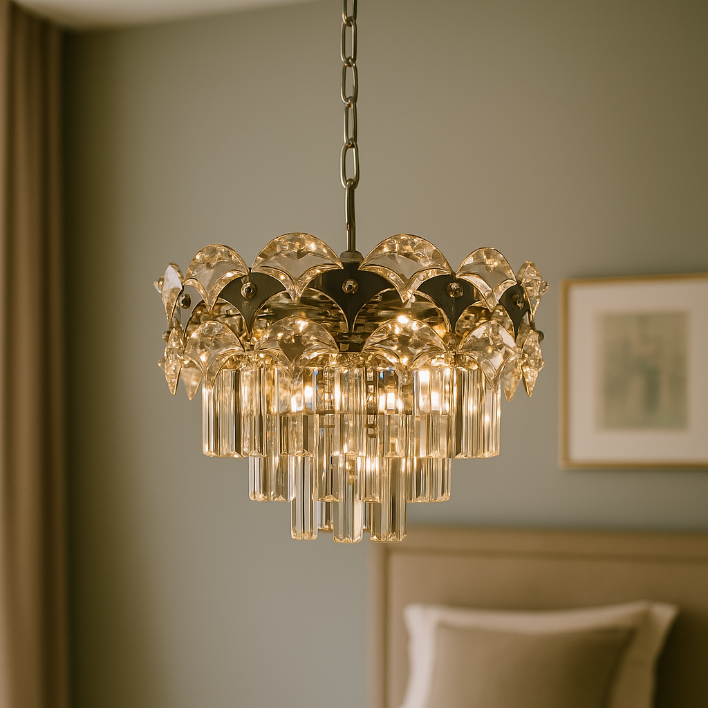 Candelabru rotund crom cu 8 becuri E27 in dormitor elegant, diametru 400 mm, lumina calda adaptabila si stil clasic