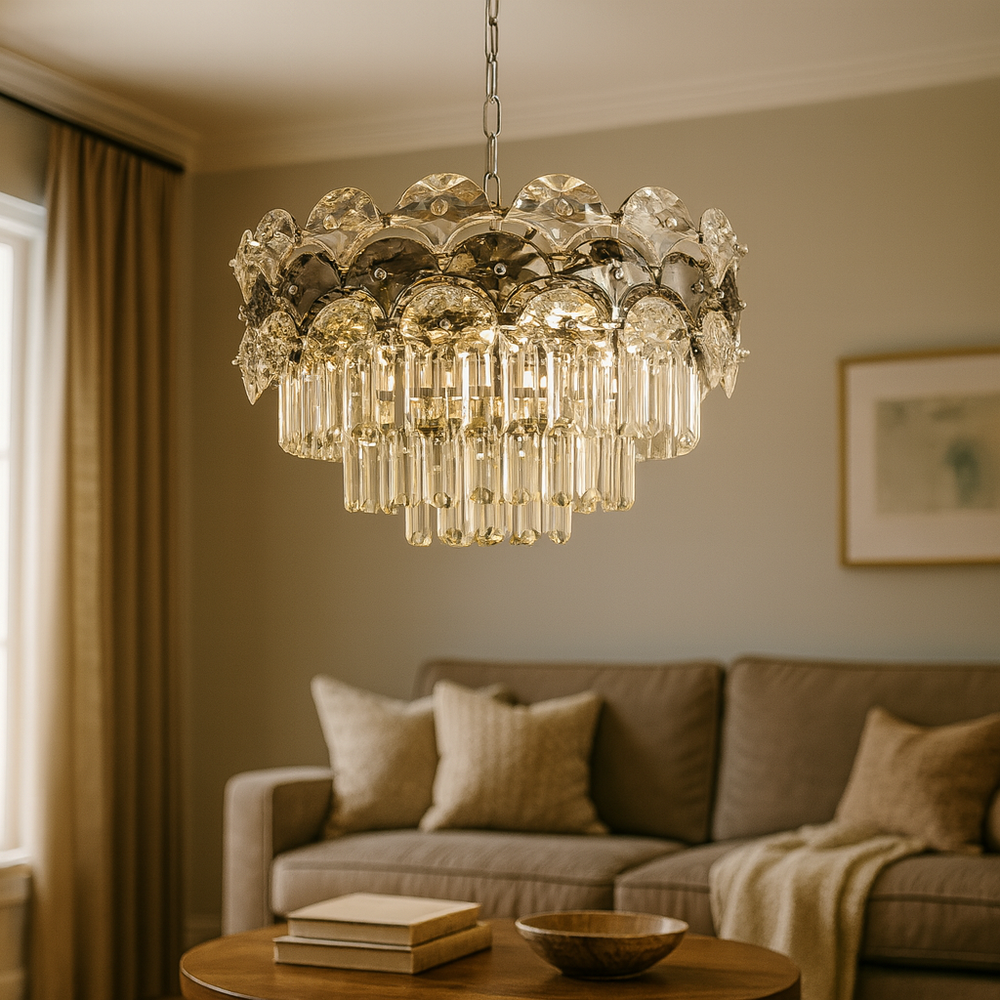 Candelabru rotund crom cu 10 becuri E27 in living spatios elegant, diametru 500 mm, lumina puternica si design rafinat