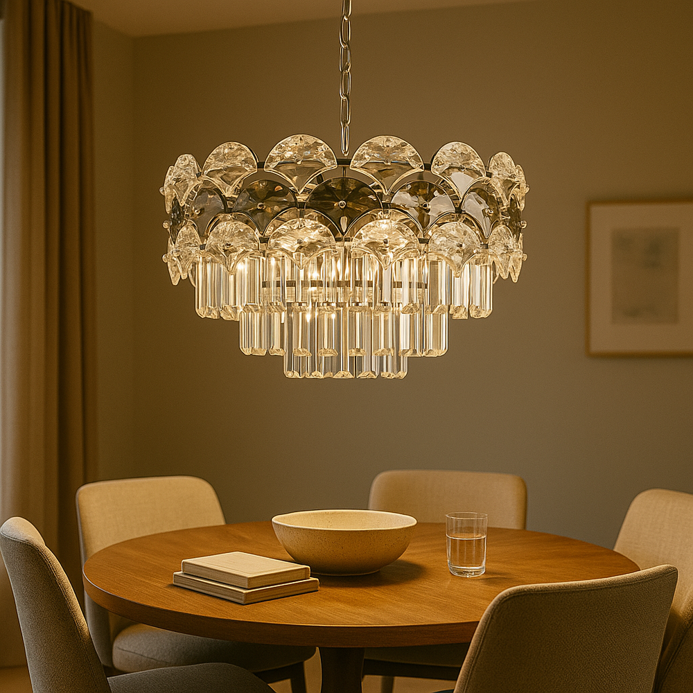 Candelabru rotund crom cu 10 becuri E27 deasupra mesei in dining spatios, diametru 500 mm, iluminare ampla si aspect elegant