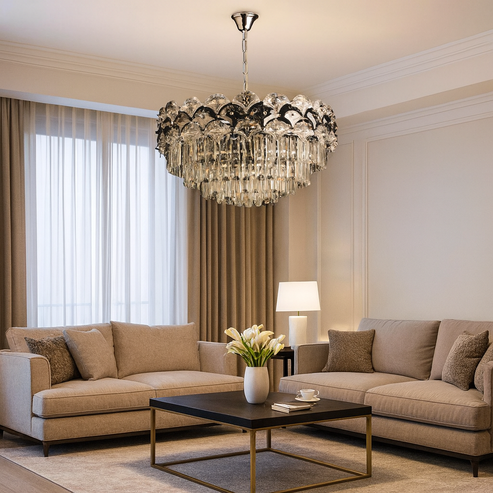 Candelabru rotund crom cu 12 becuri E27 in living mare elegant, diametru 600 mm, lumina puternica si stil clasic rafinat