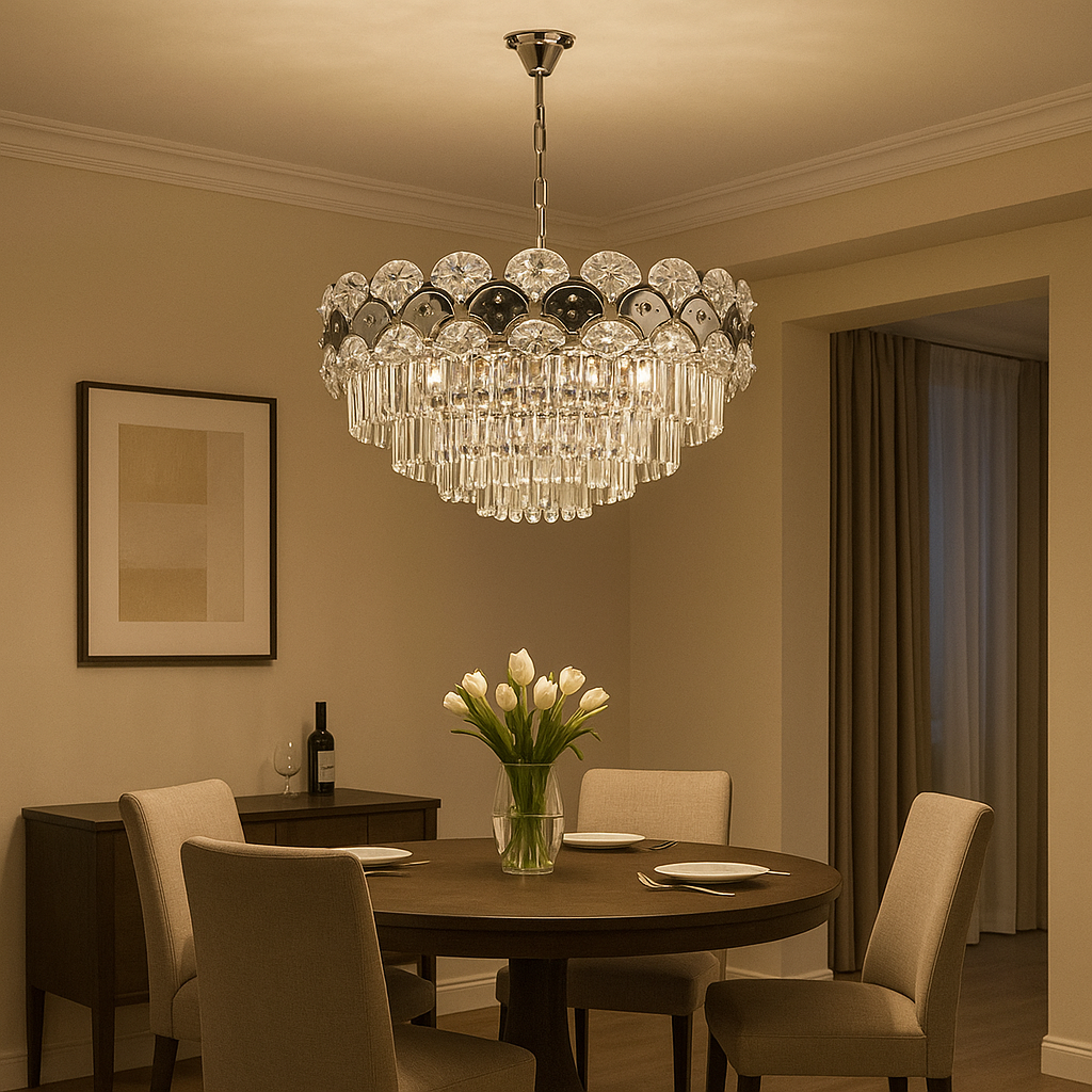 Candelabru rotund crom cu 12 becuri E27 deasupra mesei in dining spatios, diametru 600 mm, iluminare ampla