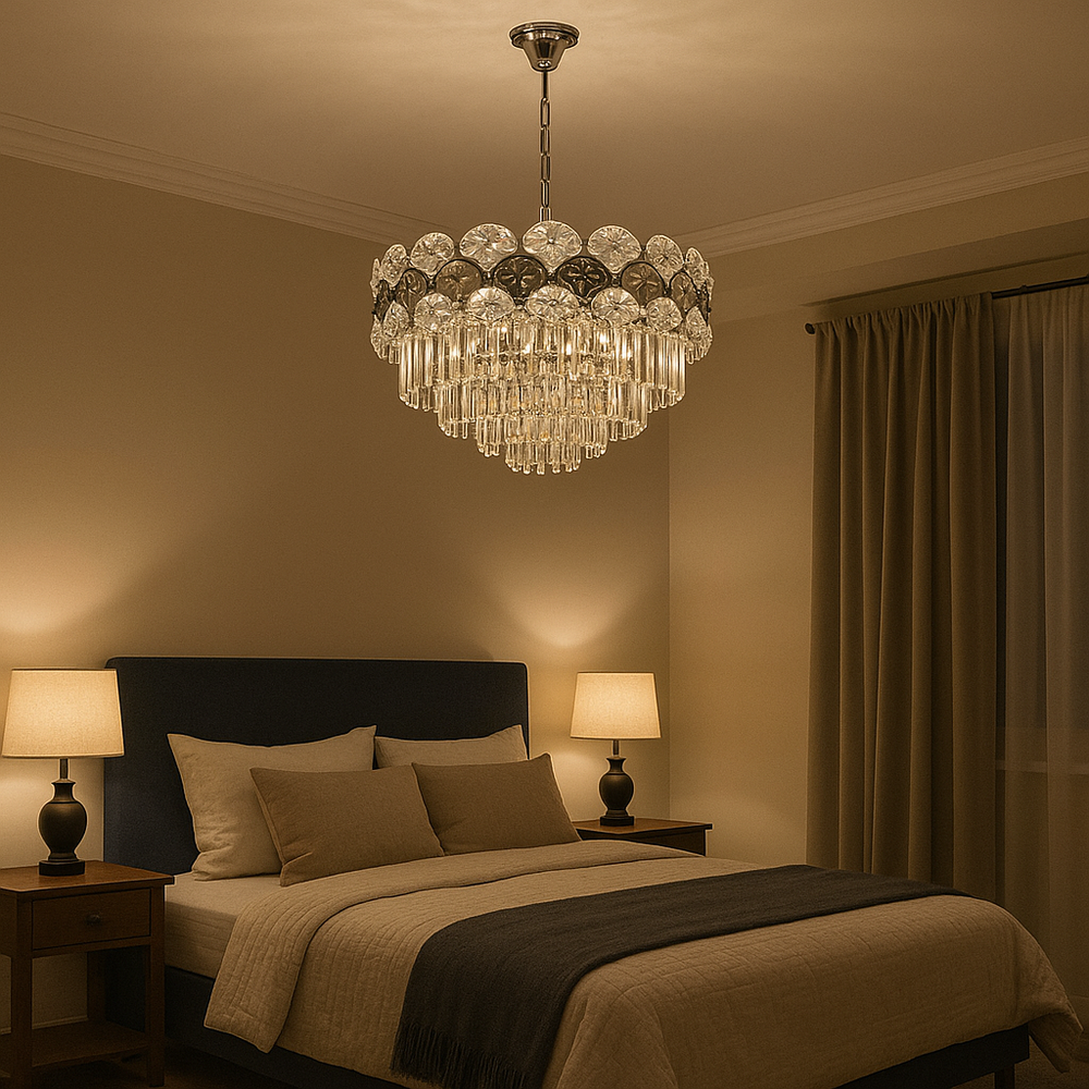 Candelabru rotund crom cu 12 becuri E27 in dormitor spatios elegant, diametru 600 mm, lumina echilibrata adaptabila