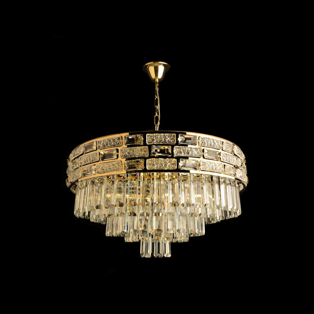 Candelabru rotund auriu Ø600 cu 12 socluri E27 intr-un dormitor spatios, iluminare calda ambientala si design elegant.