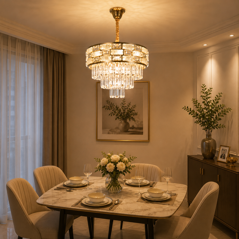 Candelabru rotund auriu Ø400 cu 6 becuri E27 montat deasupra mesei din dining, lumina echilibrata si aspect premium.