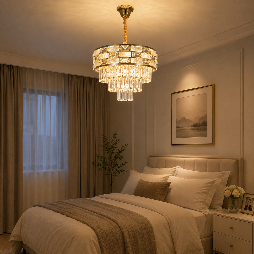 Candelabru rotund auriu Ø400 cu 6 socluri E27 intr-un dormitor rafinat, lumina calda decorativa si ambient elegant.