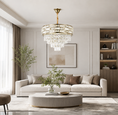 Candelabru rotund auriu cu cristale Ø500 cu 10 becuri E27 intr-un living spatios, lumina intensa si efect decorativ luxos.