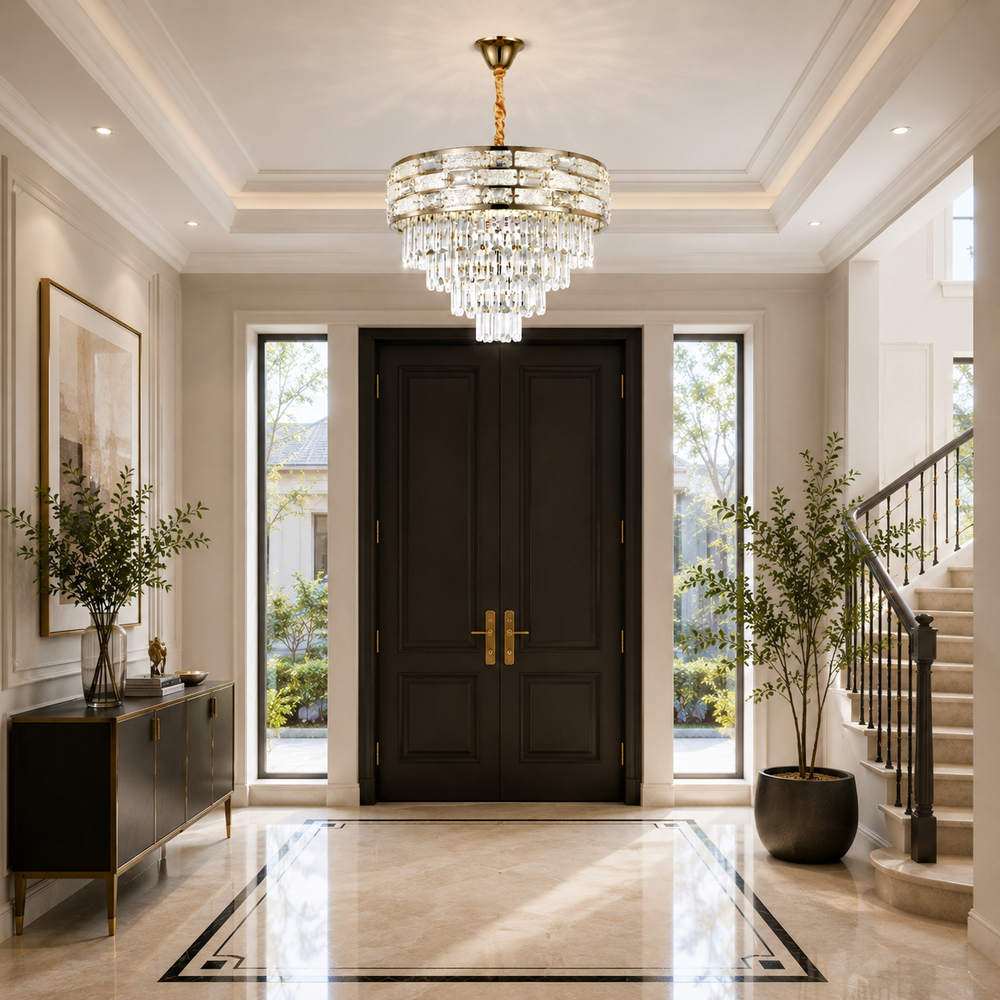Candelabru rotund auriu cu cristale Ø500 cu 10 becuri E27 deasupra mesei din dining, lumina uniforma si design premium.