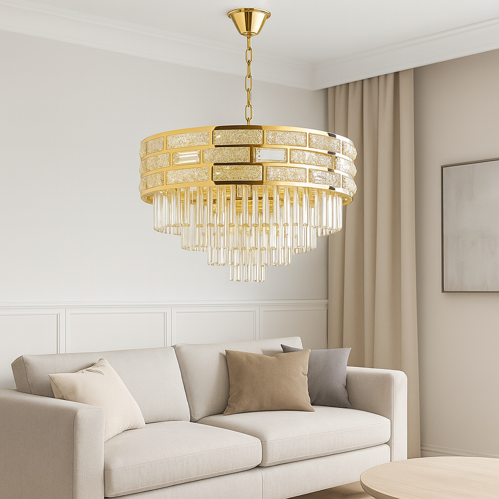 Candelabru rotund auriu Ø600 cu 12 becuri E27 intr-un living mare elegant, lumina intensa decorativa si stil rafinat.