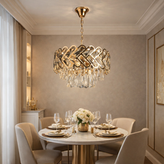 Candelabru auriu decorativ cu 6 surse E27, elemente transparente suspendate, iluminare rafinata pentru dining modern