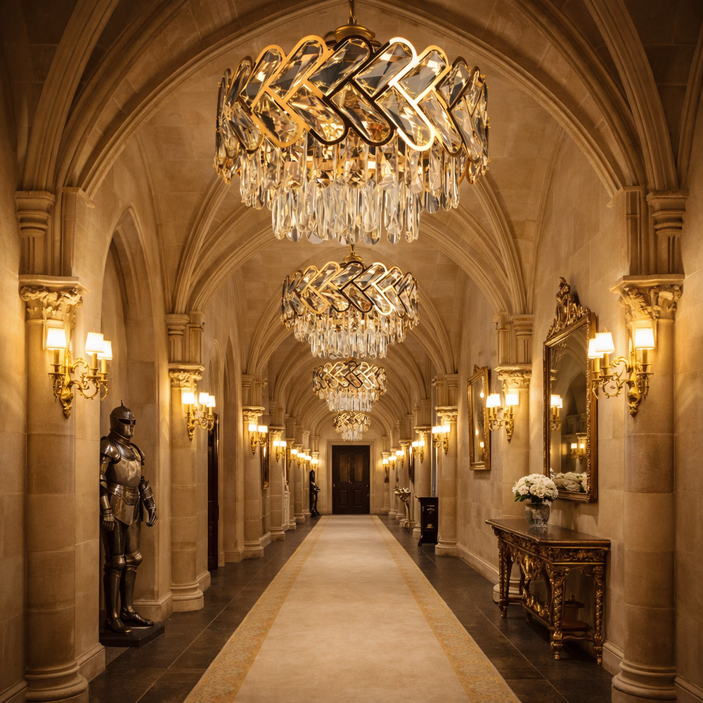 Candelabru suspendat auriu cu 6 surse E27 si elemente transparente, design modern decorativ, iluminare eleganta pentru hol spatios