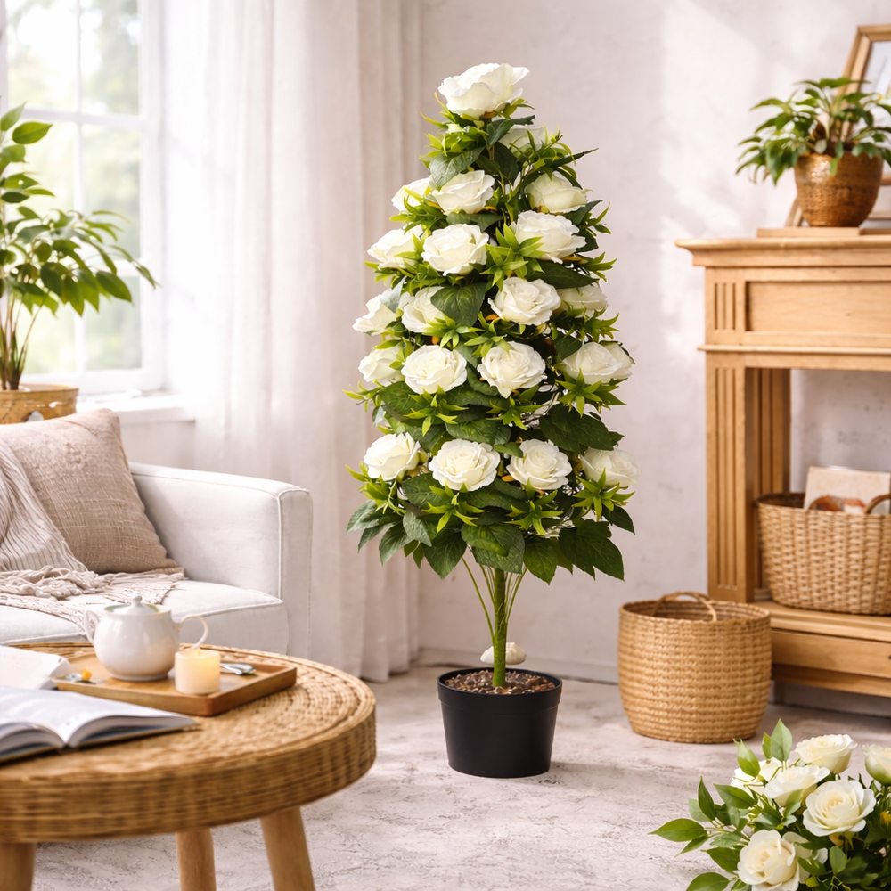 copac artificial cu trandafiri albi 110cm planta decorativa in ghiveci negru pentru living decor colt modern