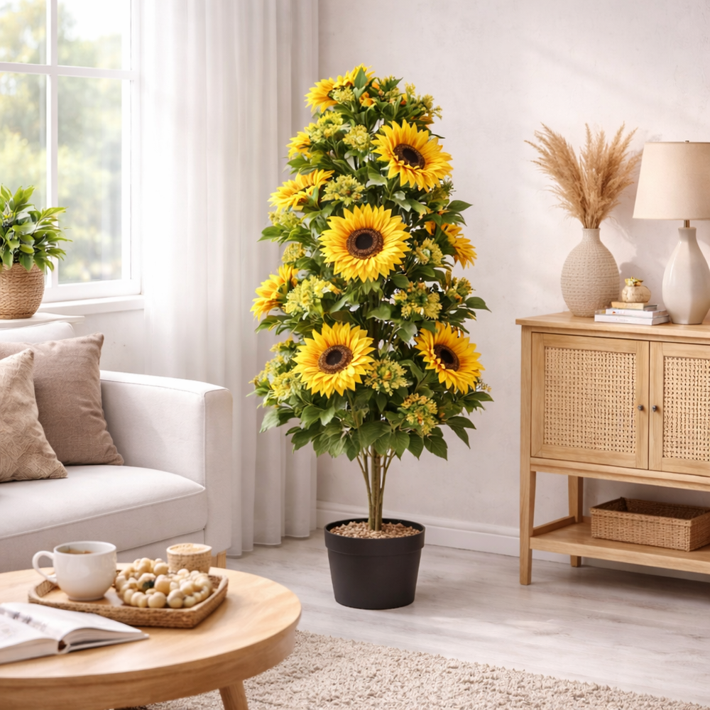 copac artificial cu floarea soarelui 102cm planta decorativa in ghiveci negru pentru living decor colt