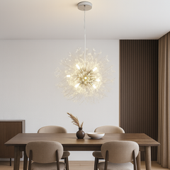 Candelabru LED modern cromat, Ø550 mm cu 12 surse, iluminare ampla ideala pentru zona de dining mare si moderna.