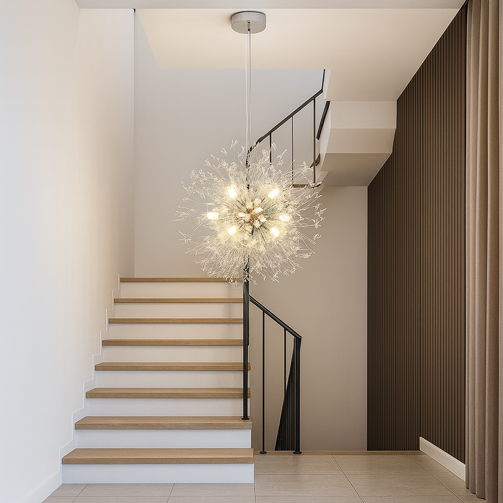 Candelabru LED modern cromat, Ø550 × H800 mm, 12 surse, perfect pentru casa scarii cu spatiu inalt si design premium.