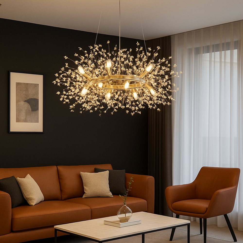 Candelabru LED auriu Ø600 mm, design floral tip ramura cu 9 surse, iluminare eleganta pentru living modern si spatios.
