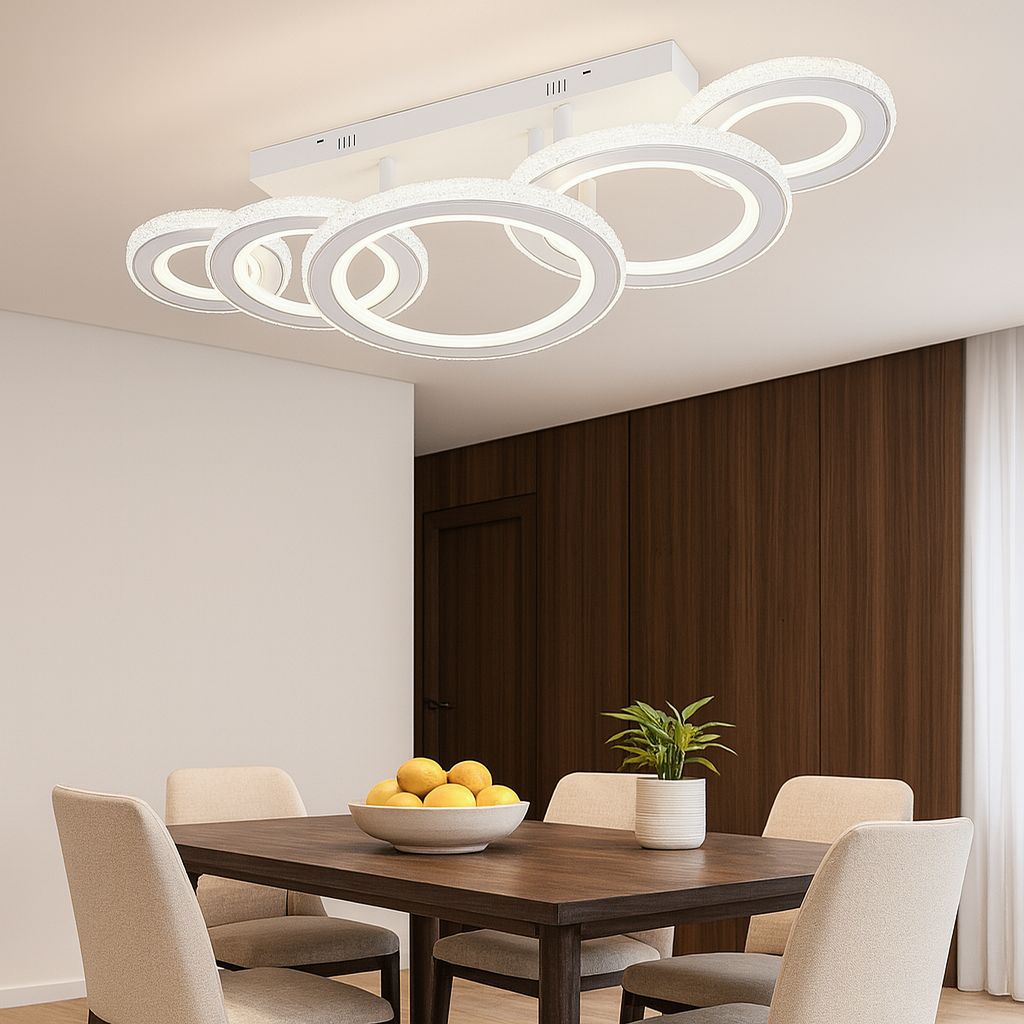 Lustra LED 26032/1+2+2 WH+CR 178W cu lumina reglabila si telecomanda, potrivita pentru dininguri moderne unde se doreste iluminare eleganta cu accente alb-crom si cristale.