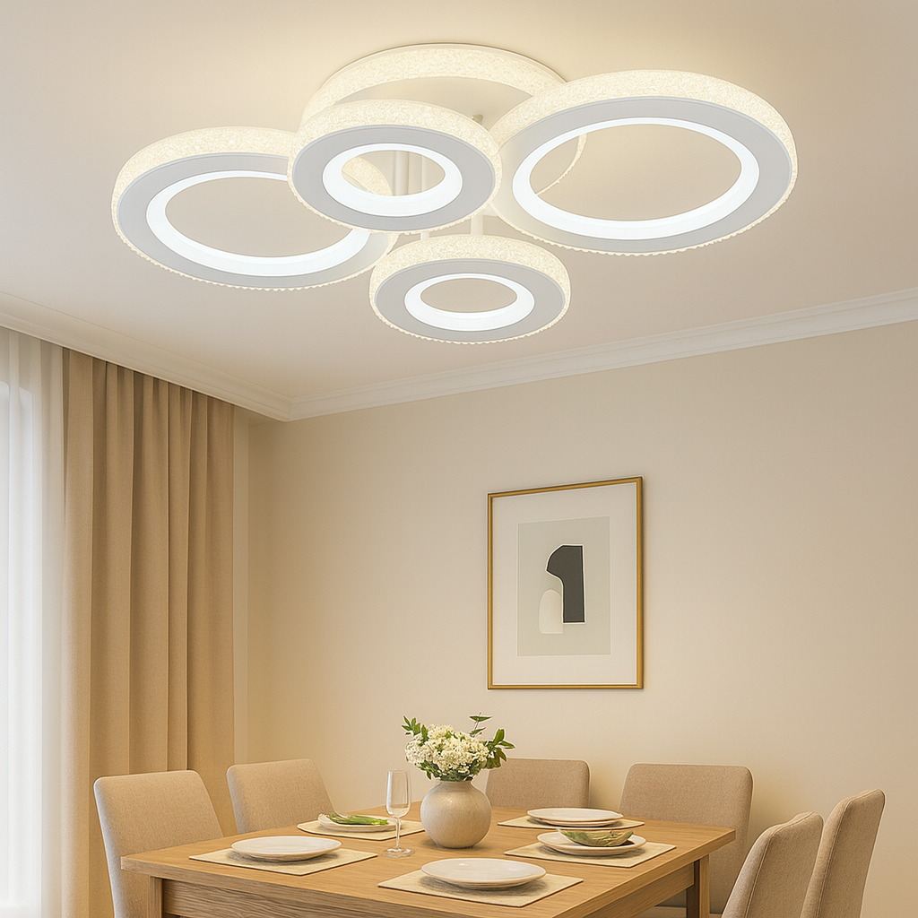 Lustra LED 26032/2+2C WH+CR 150W cu lumina 3000–6500K si telecomanda, potrivita pentru dininguri moderne unde se doreste iluminare eleganta cu accente alb-crom.