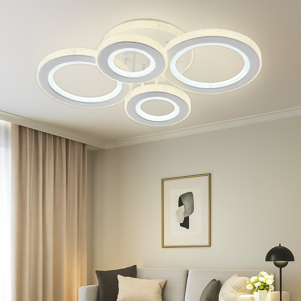 Lustra LED 26032/2+2C WH+CR 150W cu lumina reglabila 3000–6500K si telecomanda, ideala pentru livinguri moderne ce necesita iluminare eleganta alb-crom.