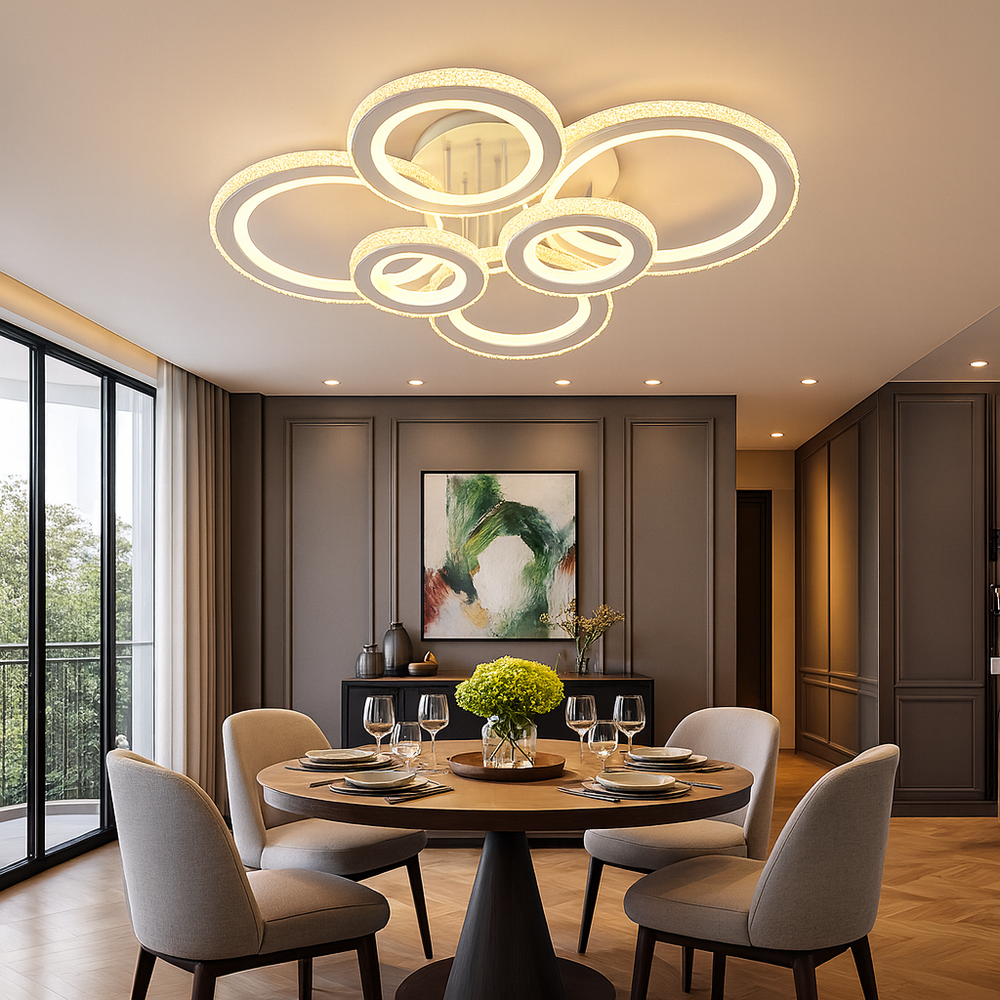 Lustra LED 26032/2+2+2C 250W cu lumina reglabila 3000–6500K, perfecta pentru dininguri moderne ce necesita iluminare uniforma si design alb-crom sofisticat.