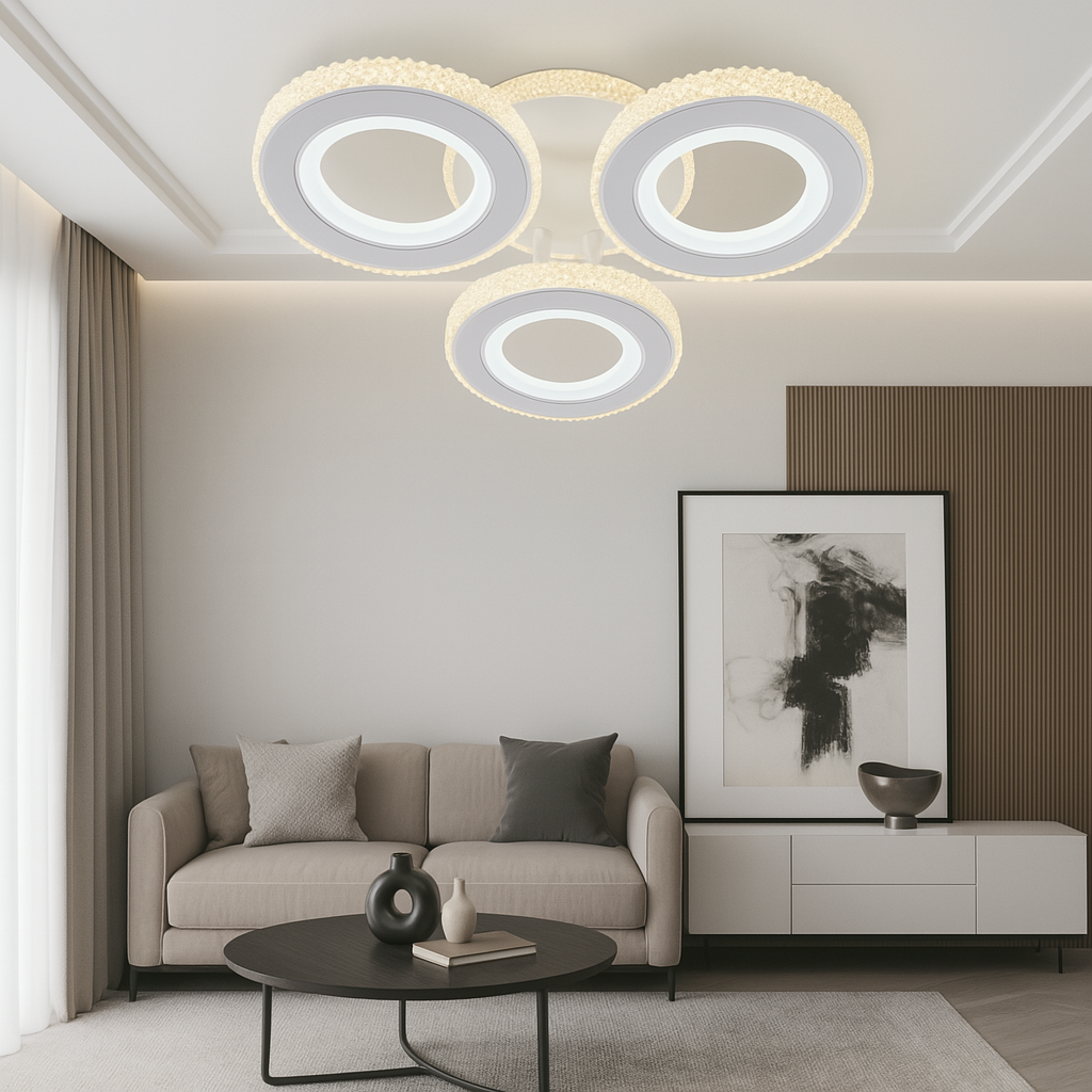 Lustra LED 26032/3C WH+CR 94W cu lumina reglabila in 3 trepte si cristale, perfecta pentru livinguri moderne ce necesita iluminare eleganta si finisaj alb-crom.