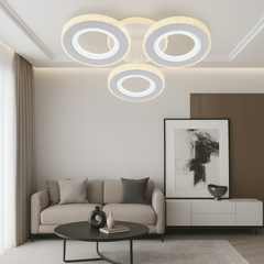 Lustra LED 26032/3C WH+CR 94W cu lumina reglabila in 3 trepte si cristale, perfecta pentru livinguri moderne ce necesita iluminare eleganta si finisaj alb-crom.