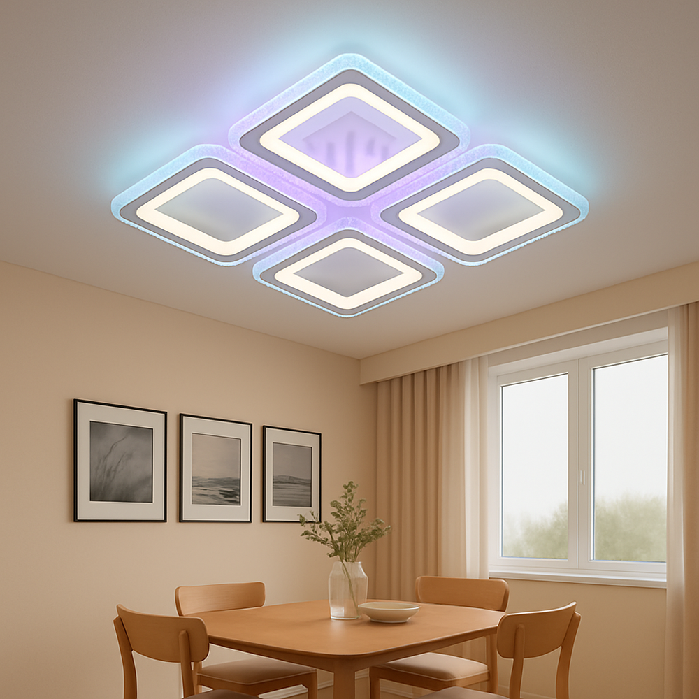 Lustra LED 26033/4C WH 59W cu lumina reglabila si telecomanda, potrivita pentru dininguri moderne ce necesita iluminare eficienta si efecte LED ambientale cu design patrat.