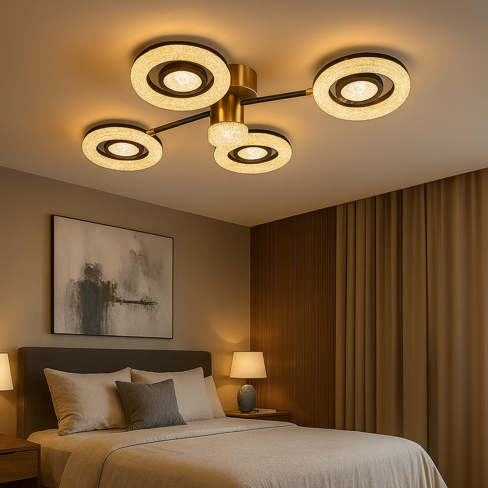 Lustra LED 26053/2+2+1GM+FGD 114W cu lumina reglabila si telecomanda, potrivita pentru dormitoare moderne datorita designului geometric si finisajului gri cu auriu.