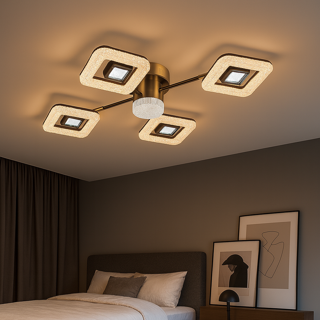 Lustra LED 26054/2+2+1GM+FGD 114W cu telecomanda si lumina 3000–6500K, perfecta pentru dormitoare moderne datorita designului geometric si finisajului gri metalizat cu auriu.