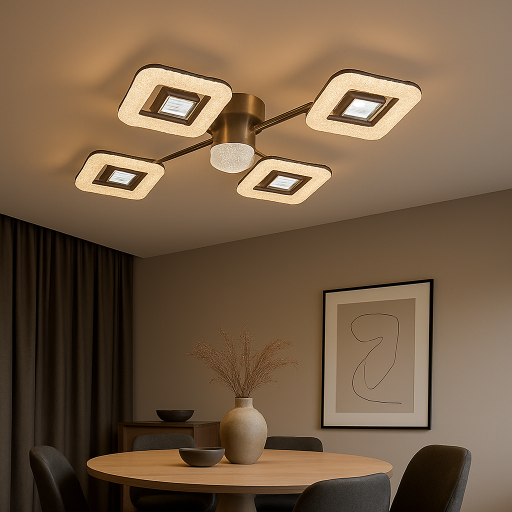 Lustra LED 26054/2+2+1GM+FGD 114W cu reglaj 3000–6500K si telecomanda, ideala pentru zone de dining moderne ce necesita iluminare eficienta si accente aurii elegante.