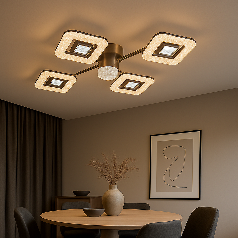 Lustra LED 26054/2+2+1GM+FGD 114W cu reglaj 3000–6500K si telecomanda, ideala pentru zone de dining moderne ce necesita iluminare eficienta si accente aurii elegante.