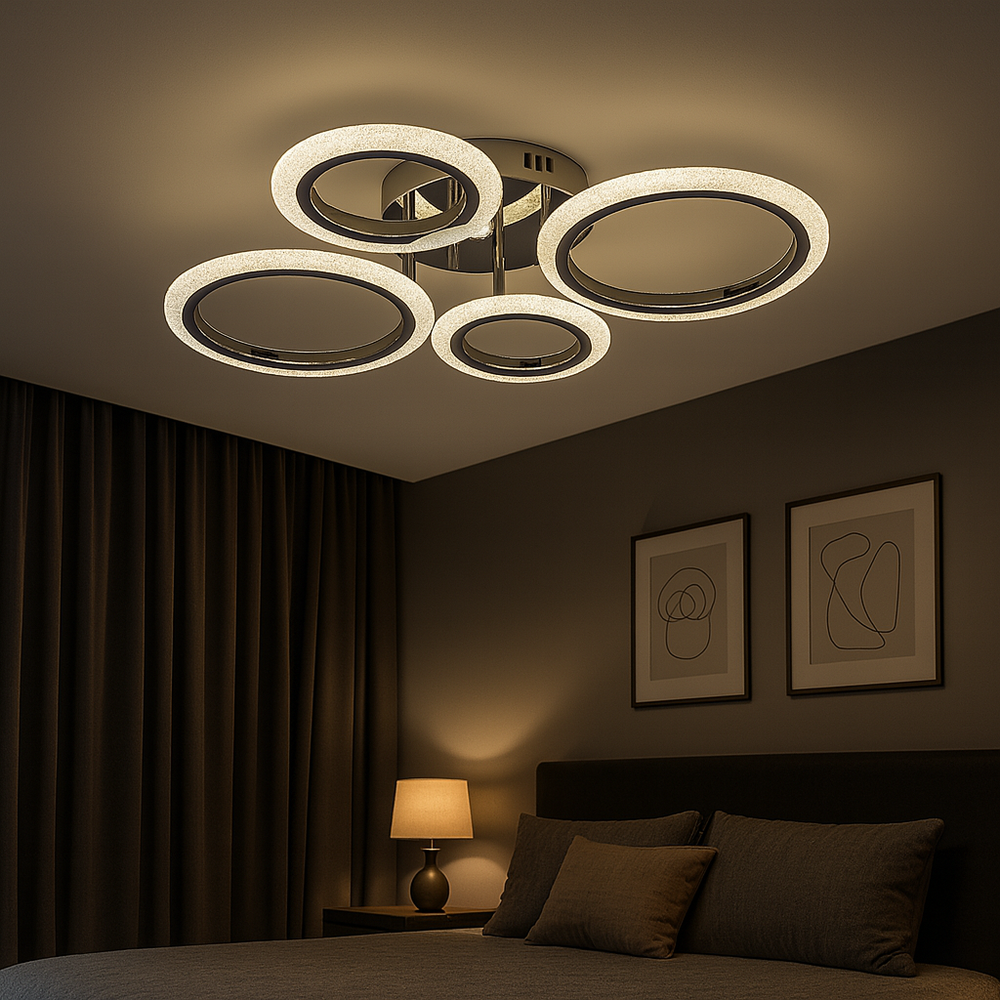 Lustra LED 26056/2+2CR 72W cu telecomanda si lumina 3000–6500K, ideala pentru dormitoare moderne unde este nevoie de iluminare reglabila si finisaj crom elegant.