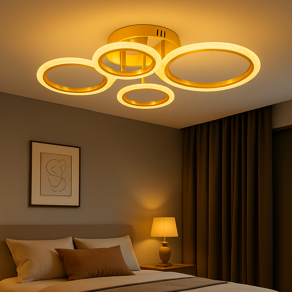 Lustra LED 26056/2+2FGD 72W cu lumina reglabila si telecomanda, ideala pentru dormitoare moderne unde este necesara iluminare eficienta cu finisaj auriu rafinat.