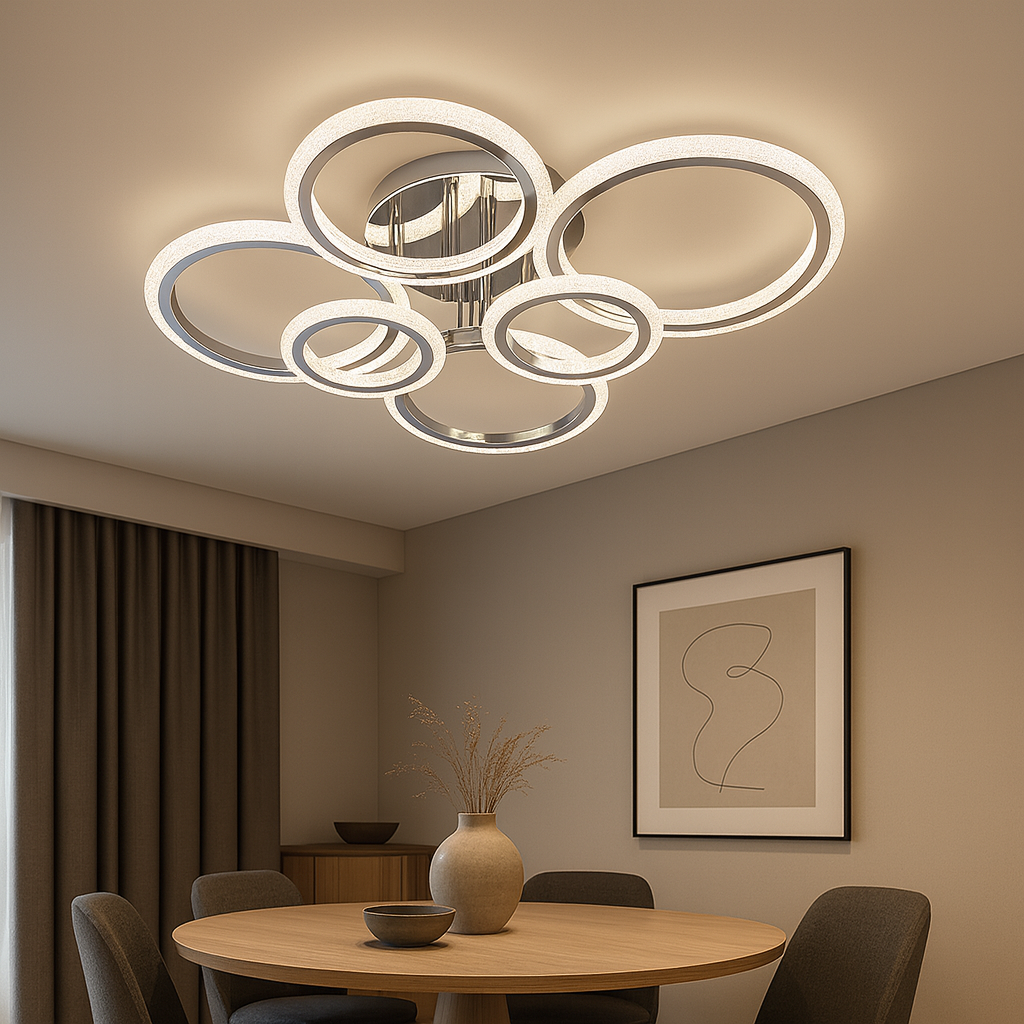 Lustra LED 26056/2+2+2CR 132W cu lumina 3000–6500K si telecomanda, perfecta pentru zone de dining moderne ce necesita iluminare reglabila si accente crom-aurii elegante.