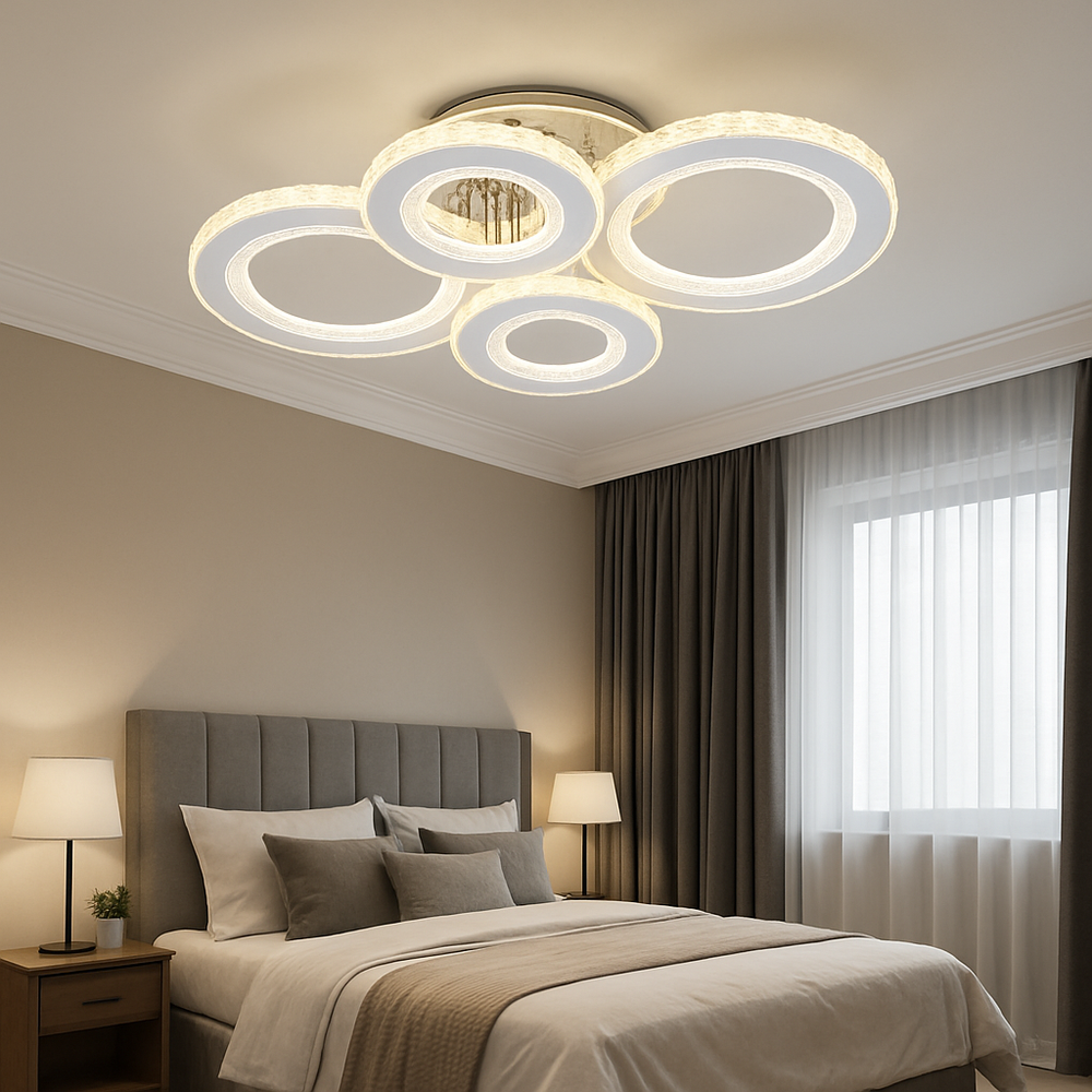 Lustra LED 26064/2+2CR 148W cu lumina reglabila si telecomanda, ideala pentru dormitoare moderne cu iluminare eficienta si stil elegant in finisaj cromat.