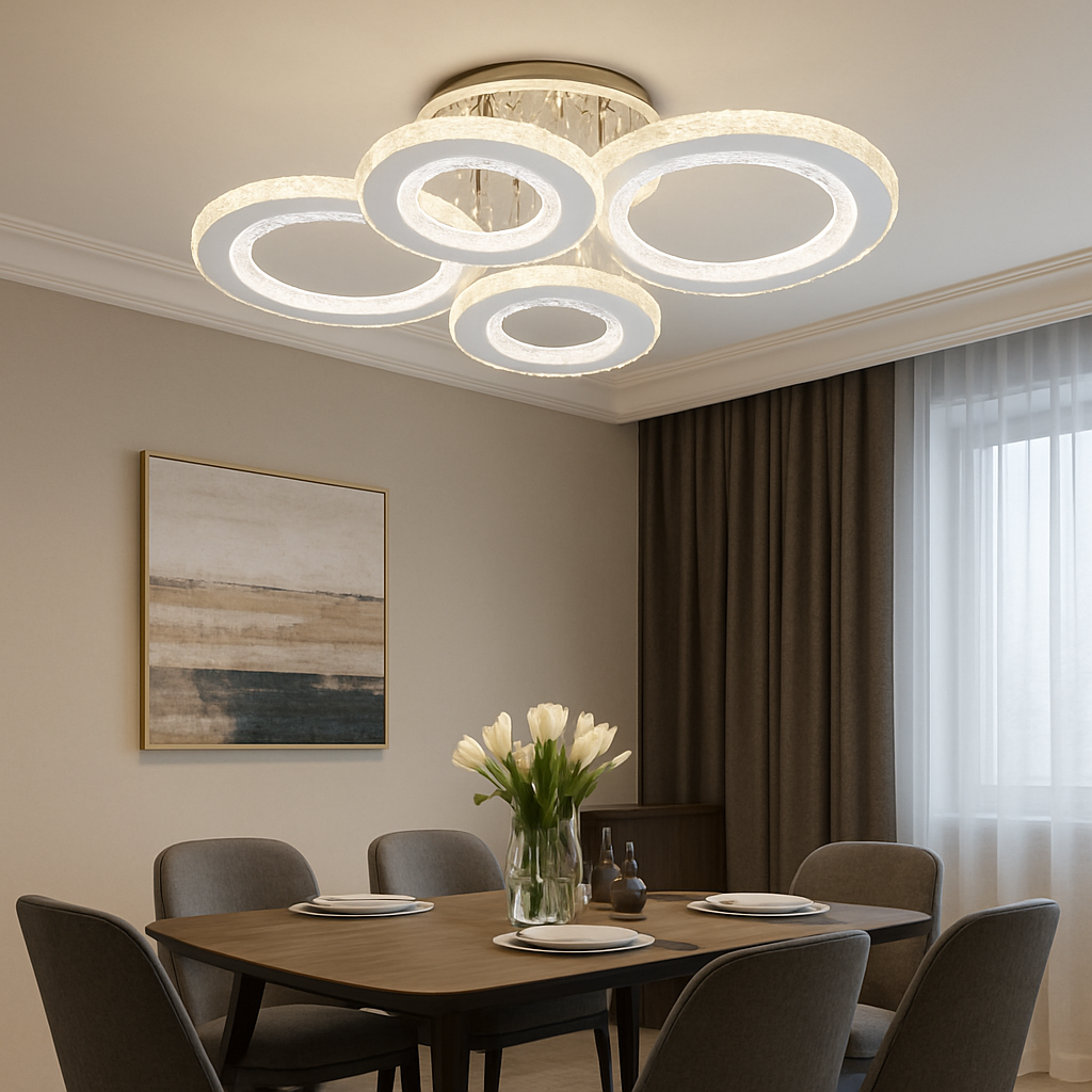 Lustra LED 26064/2+2CR 148W cu telecomanda si lumina reglabila, ideala pentru dining modern ce necesita iluminare eficienta si un aspect cromat elegant.