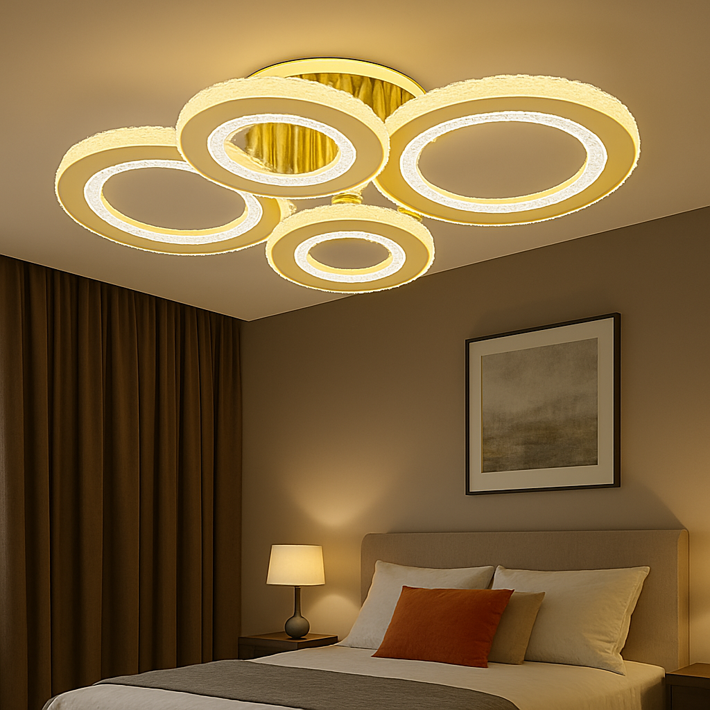 Lustra LED 26064/2+2C TIGD 148W cu lumina reglabila si telecomanda, ideala pentru dormitoare moderne cu iluminare eficienta si stil contemporan.