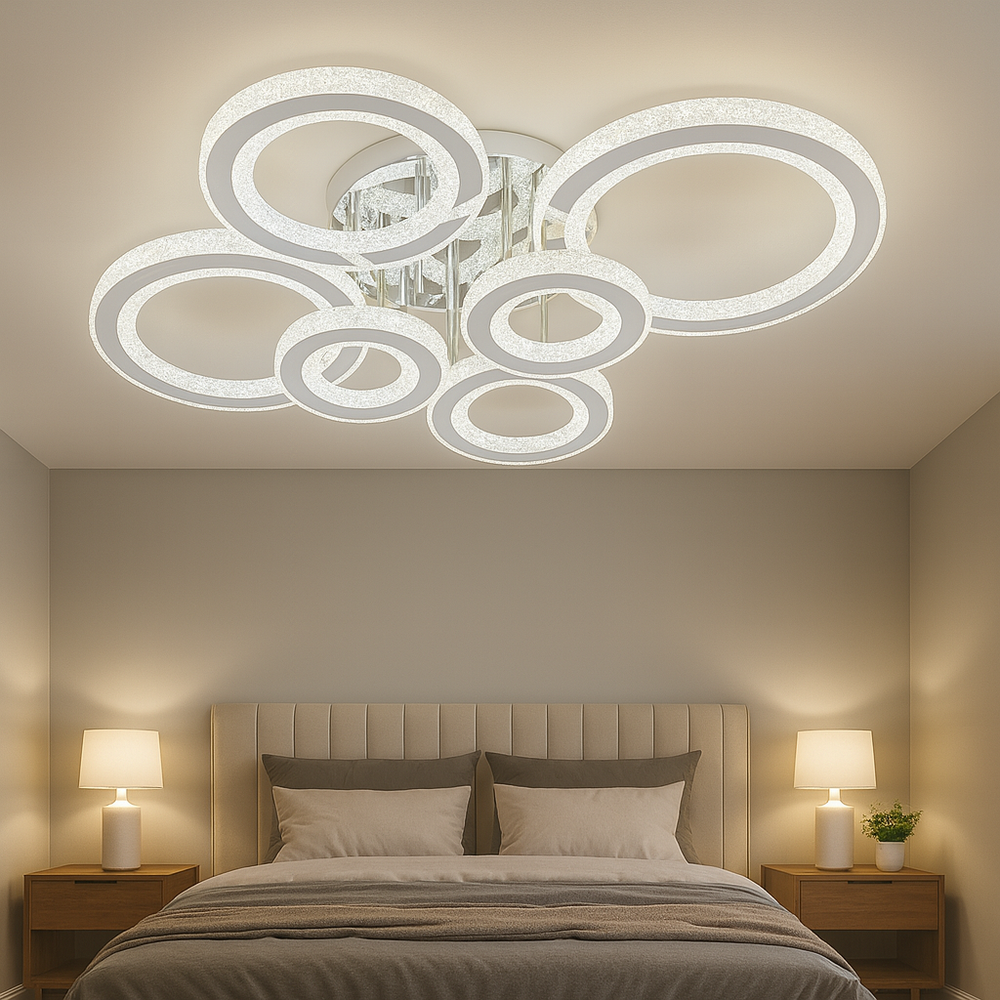 Lustra LED 26064/2+2+2CR 258W cu lumina reglabila, perfecta pentru dormitor modern, oferind iluminare confortabila si control prin telecomanda.