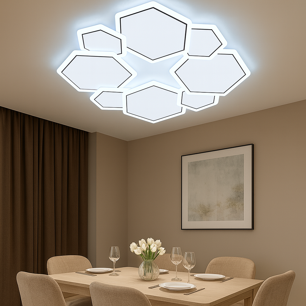 Lustra LED 26075/4+4WH+BK 136W cu lumina 3000–6500K, potrivita pentru zona de dining moderna, oferind iluminare clara si reglabila.