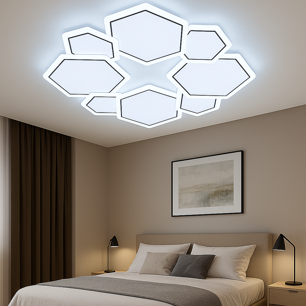 Lustra LED 26075/4+4WH+BK 136W cu lumina reglabila, perfecta pentru dormitor modern, oferind iluminare confortabila si control usor prin telecomanda.