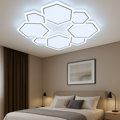 Lustra LED 26075/4+4WH+BK 136W cu lumina reglabila, perfecta pentru dormitor modern, oferind iluminare confortabila si control usor prin telecomanda.