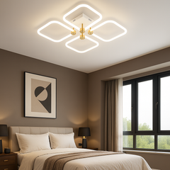 Lustra LED 26077/4FGD+WH 78W cu lumina ajustabila, potrivita pentru dormitor modern, oferind iluminare confortabila si control din telecomanda.
