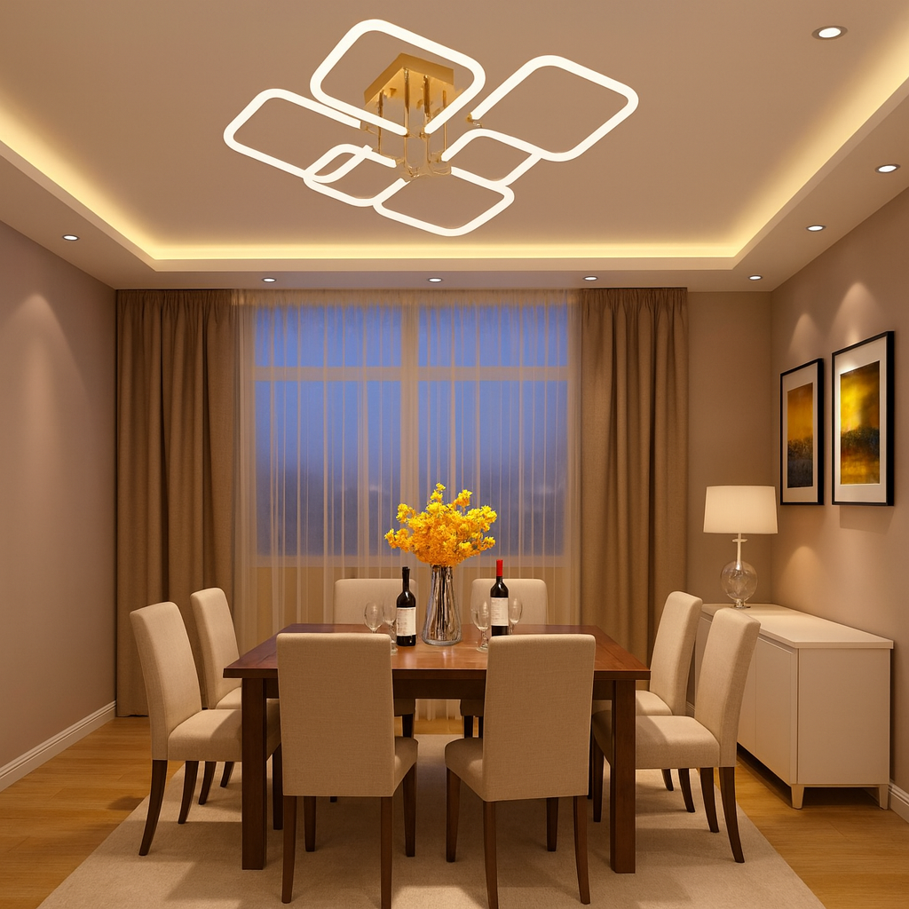 Lustra LED 26077/4+2FGD+WH 116W cu lumina reglabila, potrivita pentru dining modern, oferind iluminare clara si telecomanda inclusa.
