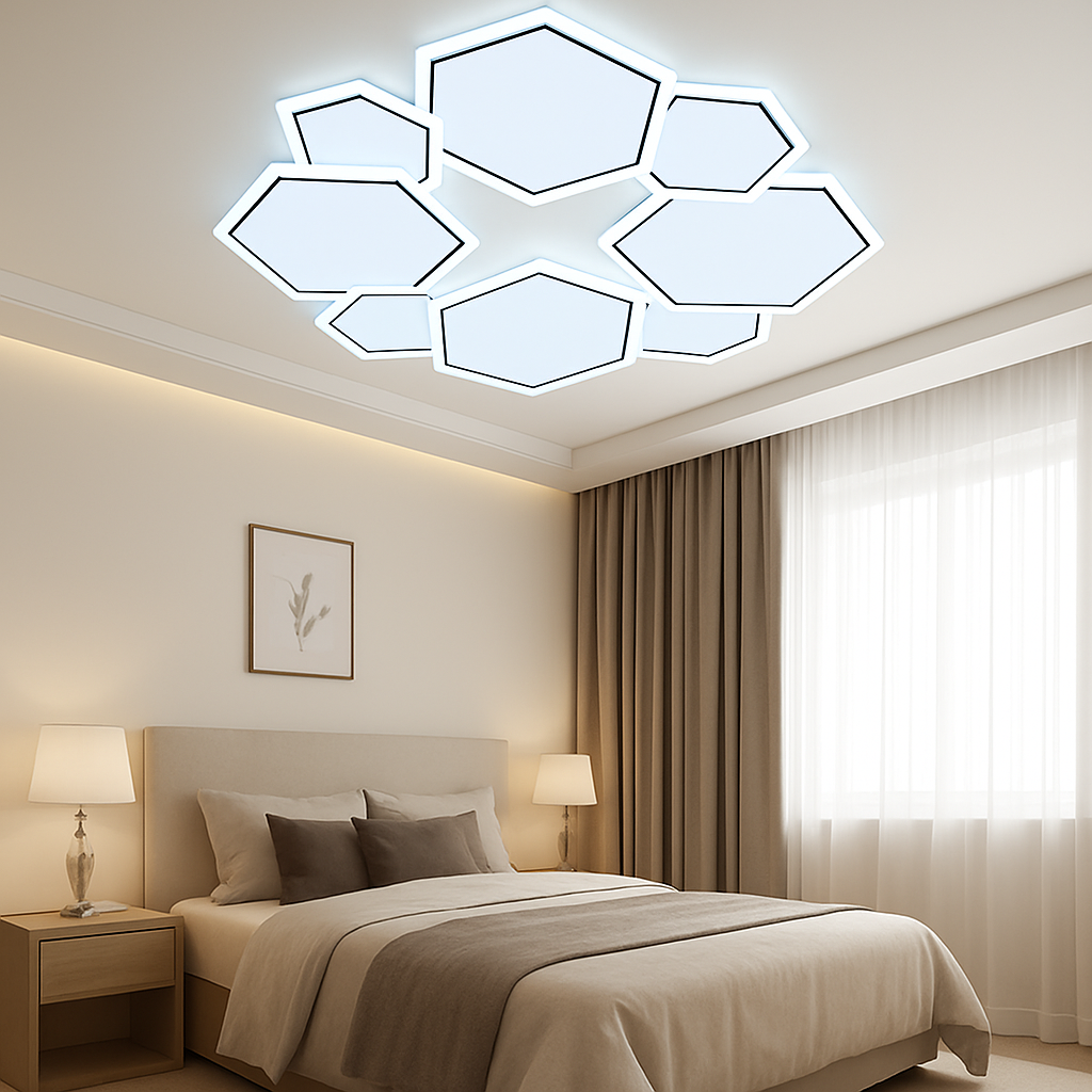 Lustra LED 26091/4+4WH+BK 112W cu lumina 3000–6500K, perfecta pentru dormitor modern, cu iluminare reglabila si telecomanda inclusa.
