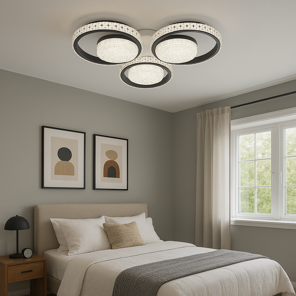 Lustra LED moderna trei cercuri alb negru si lumina ajustabila prin telecomanda, perfecta pentru dormitor modern si confortabil, model 26232/3+3 WH+MB.