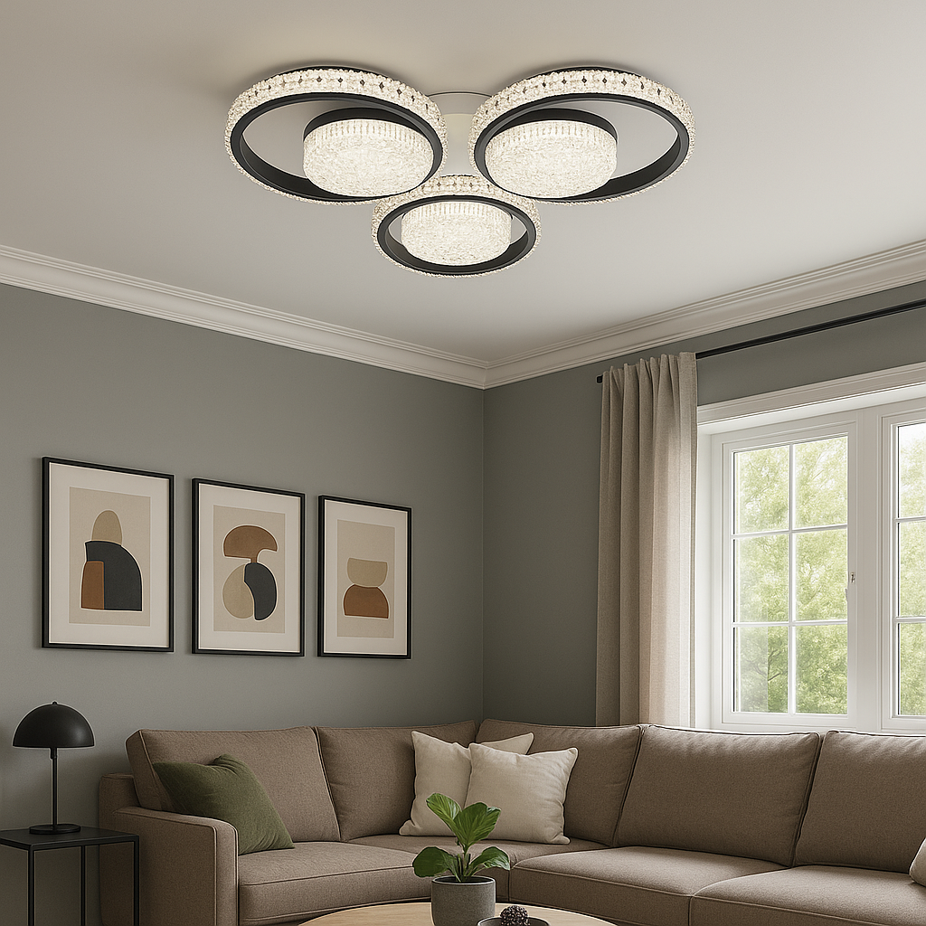 Lustra LED moderna cu trei cercuri alb negru, 72W×2, lumina reglabila prin telecomanda 3000K–6500K, ideala pentru living modern si elegant, model 26232/3+3 WH+MB.