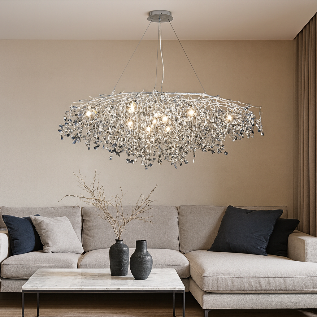 Candelabru rotund Ø1200+550 auriu cu accente cromate in living spatios, iluminare ambientala eleganta cu becuri E14 LED, montaj suspendat