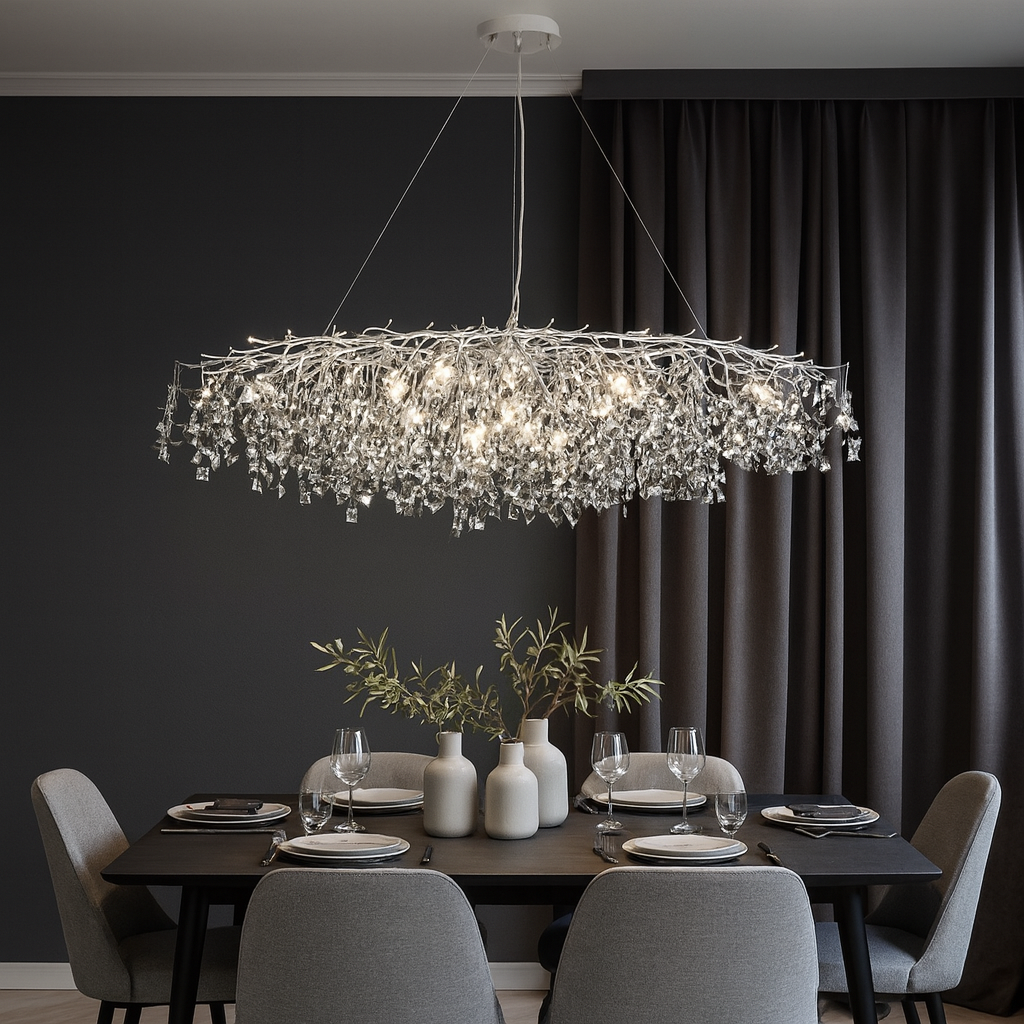 Candelabru rotund Ø1200+550 auriu cu detalii cromate deasupra mesei dining mari, lumina uniforma cu becuri E14 LED, stil clasic luxos